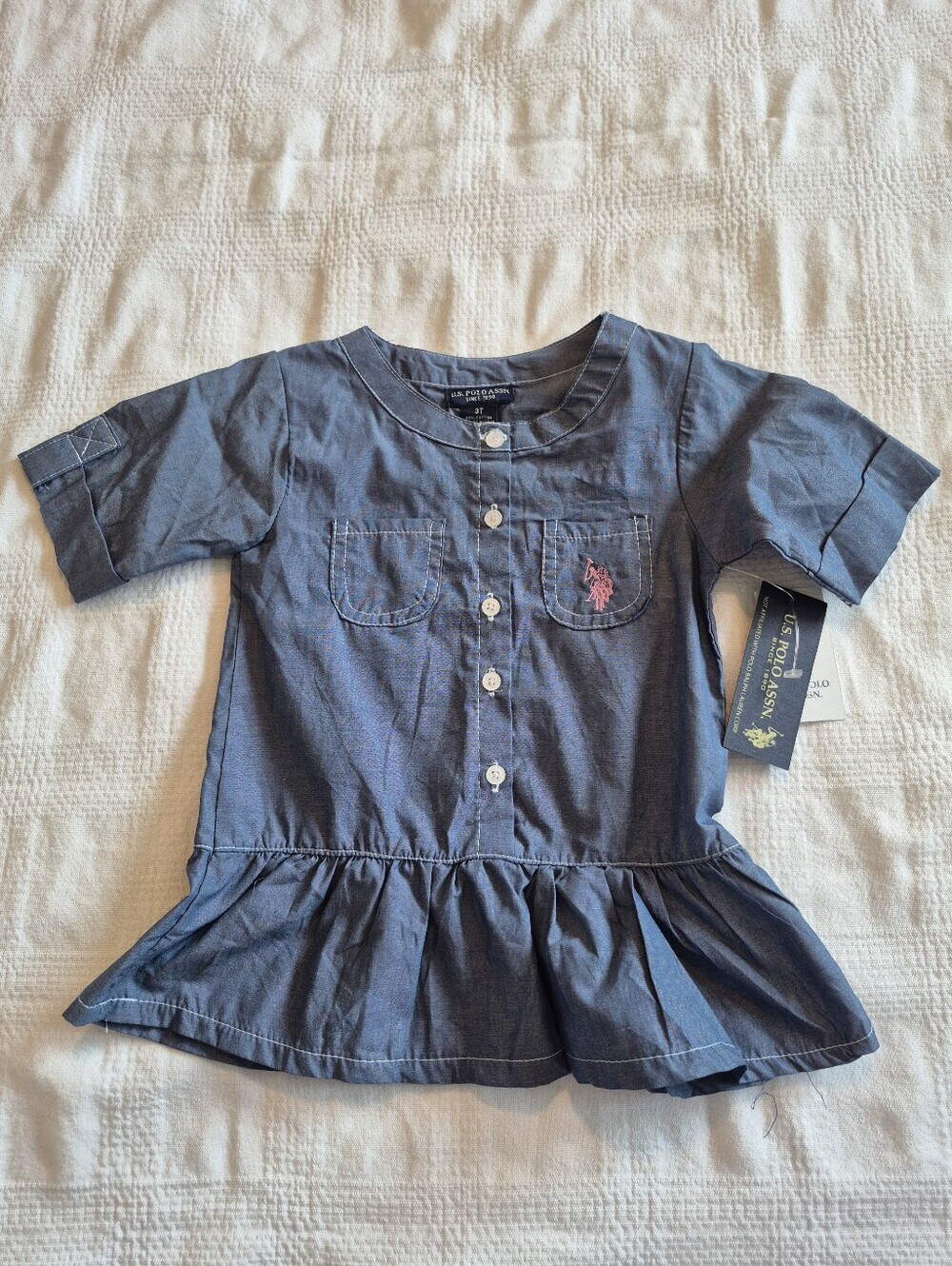 US Polo Assn girls 3T blouse, short sleeve light blue button front NEW